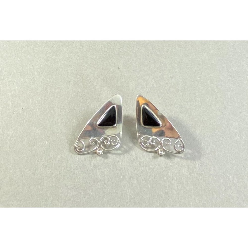 BOMA 925 Black Onyx Scrollwork Earrings Post Geometric Vintage